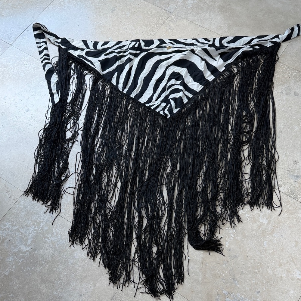 Zebra Print Fringe beach cover up Waist Scarf - Black & White